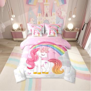 Imagem de Erosebridal Jogo de cama casal de unicórnio para meninas, 7 peças, arco-íris, unicórnio, com lençol kawaii, fofo, reversível, estrelas, borboletas, adolescentes, adultos, decoração de quarto