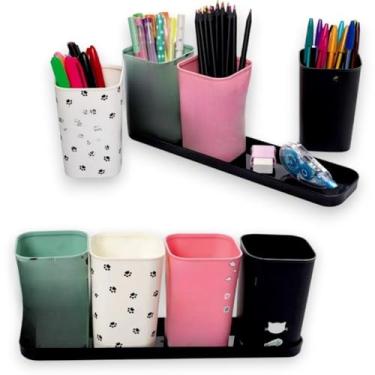 Imagem de Organizador Plástico com Bandeja - Porta-Caneta e Lápis Decorativo para Mesa de Escritório, Home Office e Ambientes Domésticos (GATINHOS)