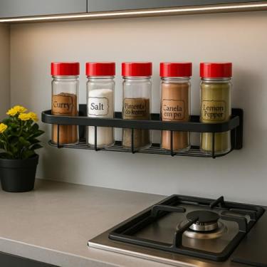 Imagem de Porta tempero e condimentos suporte de parede com adesivo 3D organizador cozinha prateleira prática para potes e especiarias (Tampa preta,4 potes + suporte parede)