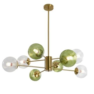Imagem de Lustre de teto com 8 lâmpadas em vidro transparente com efeito bolha, estilo meados do século XX, com vidro verde, lustre moderno com globo dourado, luminária pendente de latão para ilha de