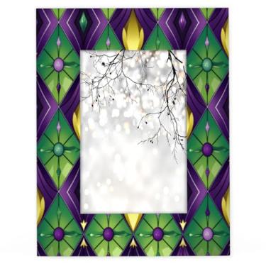 Imagem de YPPAHHHH Porta-retrato de 10 x 15 cm, estampa de carnaval, verde e roxo, moldura de madeira para decoração de colagem de mesa, mesa, parede, exibição, fotos de 9 x 9 cm com tapete ou 10 x 15 cm sem