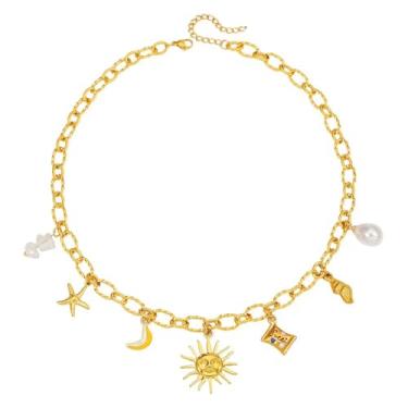 Imagem de Colar com pingente de sol, estrela-do-mar, pérola, coração, tartaruga, sol, dopamina, aço inoxidável, clavícula, joia banhada a ouro