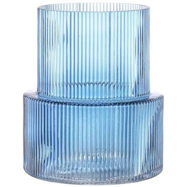 Imagem de YANWE1 Vaso de vidro azul, vaso de vidro canelado para tulipas, vasos de flores para buquês, vasos modernos azuis para sala de estar, mesa de jantar, entrada, manto, prateleira, casamento, escritório