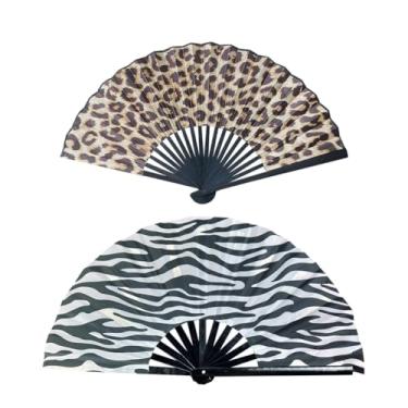 Imagem de GSHLLO 2 peças de leques dobráveis de leopardo zebra grande dobrável fã de palmas rave música linha de festa fãs de dança pop festival ventilador de dança portátil para apresentações