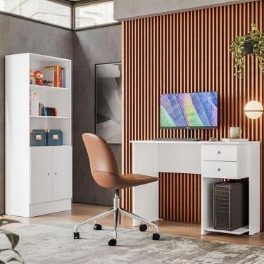 Imagem de Mesa Escrivaninha 4115 e Armário Gamer 4095 Ambiente Branco Brilho – Qmovi