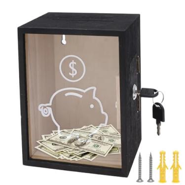 Imagem de Cofrinho com fechadura e chave, pote de economia de dinheiro para economizar dinheiro, caixa de poupança de madeira transparente aberta para adultos e crianças (preto)