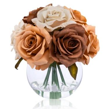 Imagem de WELL KNOWN Arranjos de flores artificiais de rosa de seda com vaso, café artificial terra e buquê de rosa laranja em vaso com água sintética para decoração de mesa de casamento na primavera em casa e