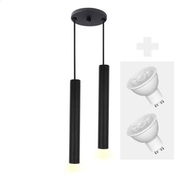 Imagem de Pendente Duplo Tubo Palito Moderno 30cm Preto + Led 4w