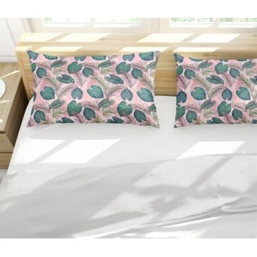 Imagem de Par de Fronhas Estampa Folhas Tropicais Rosa e Verde - Fabrika de Fest