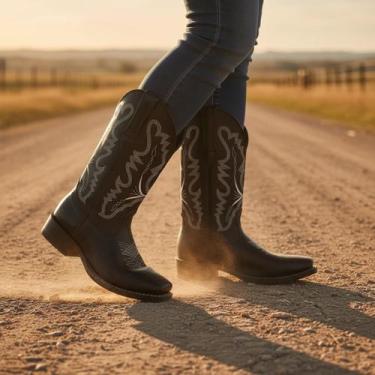 Imagem de Bota Texana Feminina Em Couro Legítimo Preto Cano Bordado Tribal Kapel