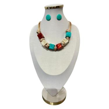 Imagem de Colar Feminino Elegante Quadrado Fio Resina kit Brincos Luxo - MLBpel,