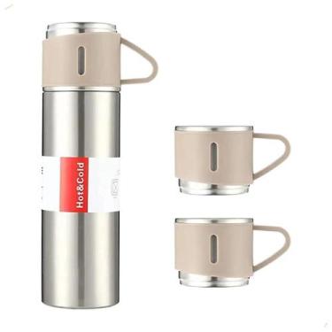 Imagem de Garrafa Térmica Vacum 500ml Com Kit 3 Xícara Café Xtuned, Prata/Bege