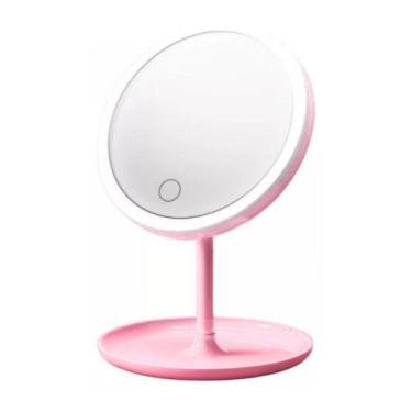 Imagem de Espelho Para Maquiagem de Mesa com Led Touch Rosa Redondo Recarregavel