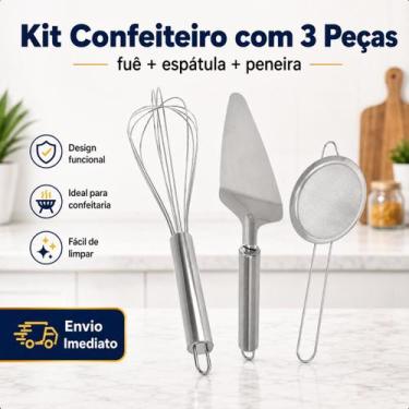 Imagem de Kit Para Confeiteiro 3 Peças Espátula Para Bolo Aço Inox + Peneira + f