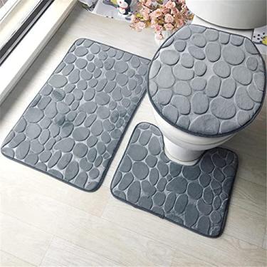 Imagem de 3 pçs/conjunto de tapete de banho de banheiro conjunto tapetes higiênicos antiderrapantes seixo capa de banheiro almofada de pé tapetes absorventes tapetes de banheiro decoração, cinza