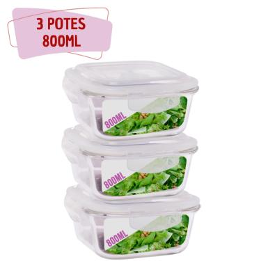 Imagem de 3 Potes Hermetico 800ml Quadrado Vidro Microondas Grande