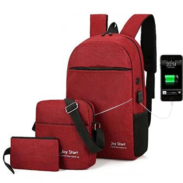 Imagem de Mochila para laptop 3 peças/conjunto masculino casual grande capacidade mochila esportiva carregamento USB 15,6 polegadas computador viagem de negócios diurna, vermelho, 43 * 29 cm