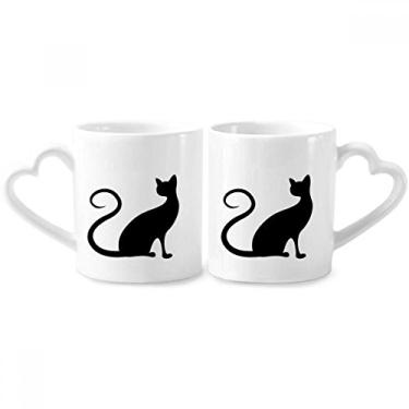 Imagem de Elegante conjunto de canecas de porcelana para casal, contorno de animal de gato preto com alça de coração