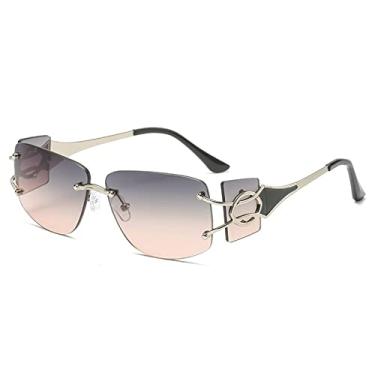 Imagem de Óculos de sol quadrados sem aro de diamante de corte fashion para homens liga vintage de perna larga óculos de sol femininos, cinza prata rosa, com estojo