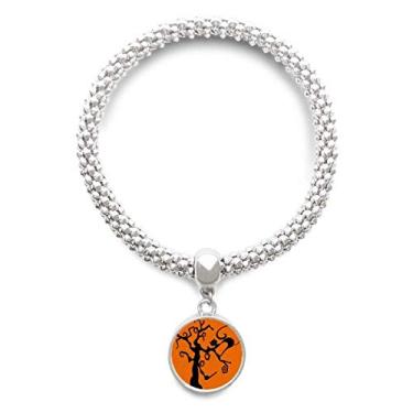 Imagem de DIYthinker Pulseira de prata laranja Hallowmas com pingente de árvore de gato e pingente de joia ajustável