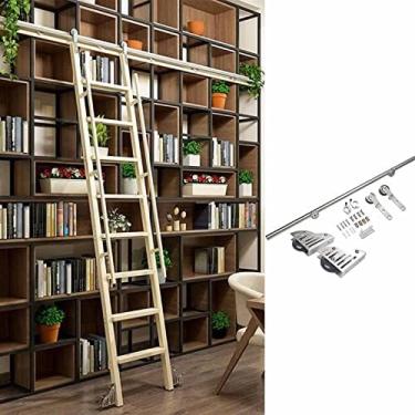 Imagem de Kit De Hardware De Escada De Biblioteca Rolante - Trilhos De Tubo Redondos De Escada Deslizante De Biblioteca, Trilho/trilho Redondo, Rodas De Piso Com Freios, Desliza Silenciosamente E Suavemente