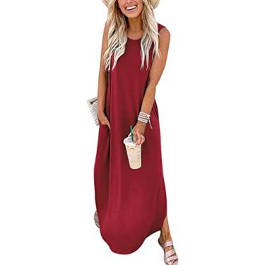 Imagem de ANRABESS Vestido feminino casual solto vestido longo sem mangas dividido maxi vestidos de verão praia com bolsos, 02 Winered, M