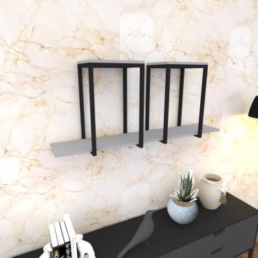 Imagem de Prateleira Industrial Suspensa Estante Parede Nicho Cinza Ferro E Madeira Suporte Pratileira