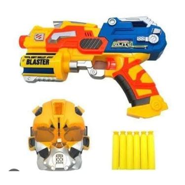 Imagem de arminha de atirar dardos tipo nerf com máscara e alvo