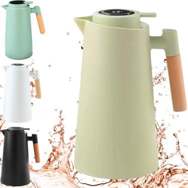 Imagem de Garrafa Térmica de Café 1000ml Plástico com Cabo de Madeira e Termômetro 1L vacuo Utensílios de Cozinha Mesa Posta Decoração Itens Para Casa Perfeita Para Café e Chá Quente e Frio (Verde-Musgo)