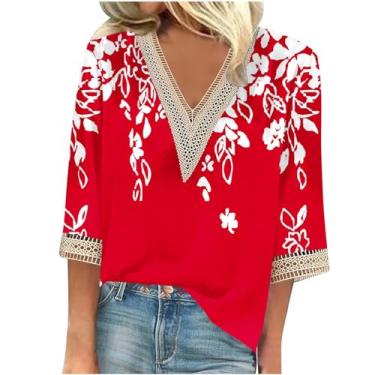 Imagem de Blusa feminina floral manga cotovelo verão elegante gola V manga 3/4 camisetas para sair túnica tops streetwear, Vermelho, XXG