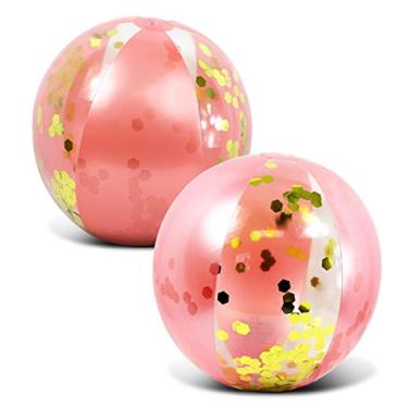 Imagem de POZA Conjunto de 2 bolas de praia infláveis em ouro rosa - elegantes flutuadores de confetes de ouro rosa, brinquedos de piscina de vinil resistentes para festa na piscina, praia, decoração de piscina