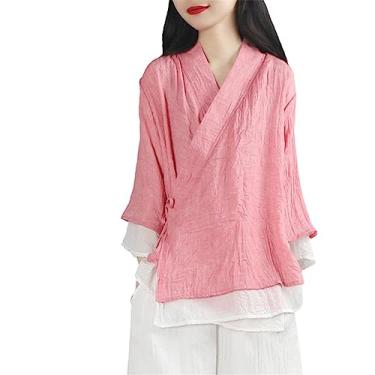 Imagem de Blusas étnicas estilo chinês roupas femininas algodão linho sólido vintage tang terno decote em V blusa solta primavera fina Hanfu, Vermelho rosa, Tamanho Único