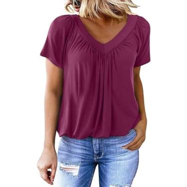 Imagem de Camisetas femininas casuais de verão blusa manga curta gola V solta moda 2024 camisetas básicas plissadas, Roxo, vermelho, G