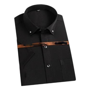 Imagem de Camisa masculina de verão elástica manga curta cor sólida não passar a ferro confortável camisa casual respirável, D2106 Preto, PP