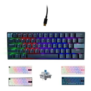 Imagem de ONE-UP Teclado portátil 60% mecânico para jogos, retroiluminado por LED, compacto de 61 teclas, mini teclado de escritório com fio com interruptor azul, teclas PBT, para Windows, laptop, PC, Mac.