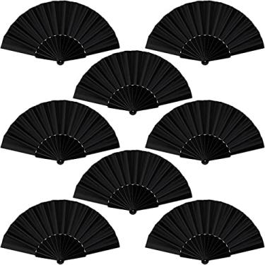Imagem de durony 8 peças de leque dobrável portátil de tecido de nylon ventiladores chineses com alça de plástico ventiladores dobráveis decorativos para festas, presentes de casamento, decoração de casa, preto