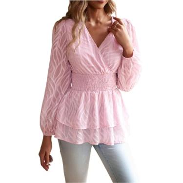Imagem de Camisa feminina de chiffon com decote em V, manga comprida, blusas plissadas, peplum, blusas elegantes e casuais Babydoll, rosa, GG