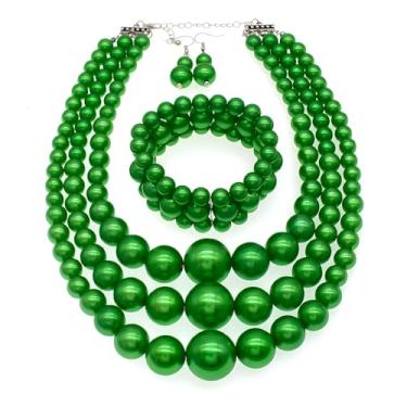 Imagem de JNF Conjunto de colar e brinco de pérolas grandes com vários fios de pérolas bijuterias de fantasia colares de pérolas grossas para mulheres, Pérola sintética, Sem Pedra Preciosa