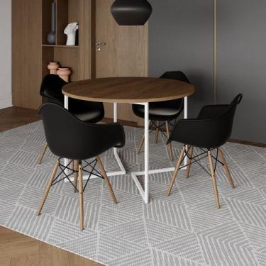 Imagem de Mesa Jantar Industrial Amêndoa 110cm Redonda Base V Ferro Branco com 4