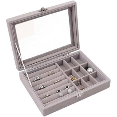 Imagem de Caixa Organizadora Porta Jóias Bijuterias Luxo em Veludo e Tampa de Vi