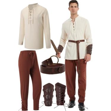 Imagem de FEAADNI 5 Pcs Halloween Men's Renaissance Costume Medieval Pirate Shirt and Pants Viking Costume Accessory Set (Beige/Khaki, X-Large)