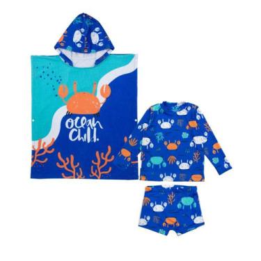 Imagem de Kit 3 Peças Sunga Blusa E Toalha Poncho Praia Menino - Fofotinhos, Sir