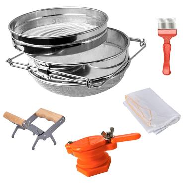 Imagem de MayBee Double Sieve Honey Harvesting Kit for Beekeepers, Beekeeping Starter Kit Set of 5, Double Sieve Honey Strainer Stainless Steel, Frame Grip, Uncapping Fork, Honey Gate, Honey Filter Bag
