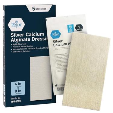 Imagem de MED PRIDE Alginato De Cálcio Prateado 4" X 8" Pensos Para Feridas | Pacote Com 5, Antimicrobiano, Acolchoamento Antiaderente, Estéril, Altamente Absorvente E Confortável |