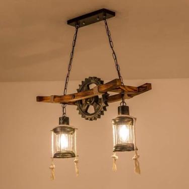 Imagem de Luminária pendente antiga de madeira, luminária suspensa vintage E27, mesa de jantar, sala de jantar, lustre, lâmpada de metal industrial, retrô, rústica, casa de campo, lâmpada pendente, qu