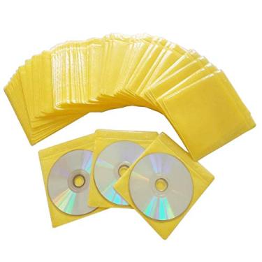 Imagem de Pacote com 100 capas premium para CD DVD, material não tecido grosso e dupla face refil capa de plástico para pastas de armazenamento de CD e DVD (amarelo)