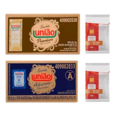 Imagem de Açucar União Sache + Adoçante União Sachê + Mexedor Combo Com 4 Itens