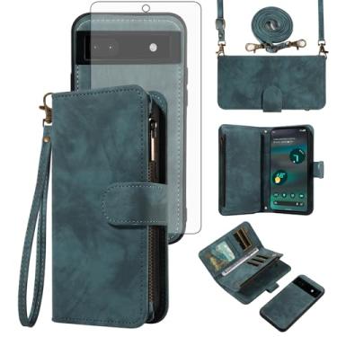 Imagem de Asuwish Capa de celular para Google Pixel 6A 5G 2022 com zíper carteira magnética com protetor de tela de vidro temperado alça de pulso transversal flip porta-cartão de crédito bolsa Pixel6A A6