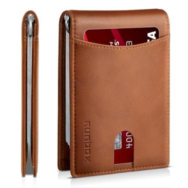 Imagem de Carteira masculina fina de couro genuíno com bloqueio de RFID, dobrável, bolso frontal minimalista, carteira masculina com clipe para dinheiro, caixa de presente fina, Marrom óleo - 6 compartimentos