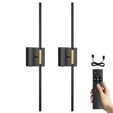 Imagem de Conjunto de 2 arandelas de parede operadas por bateria, arandela de parede com controle remoto, rotação de 350°, arandelas LED recarregáveis, luz de parede sem fio 3000K-6000K para quarto, sala de